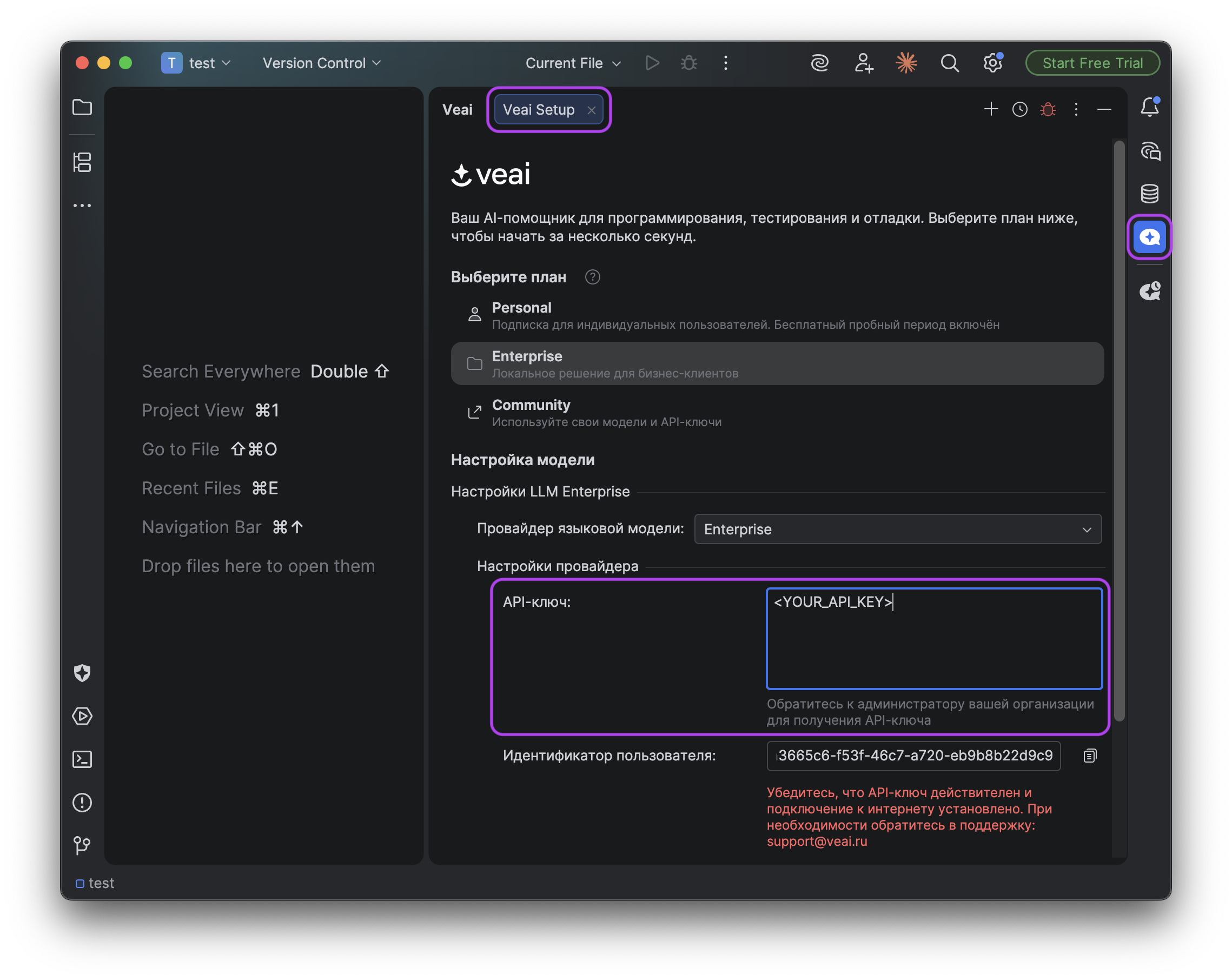 Veai Setup: открытие окна настройки